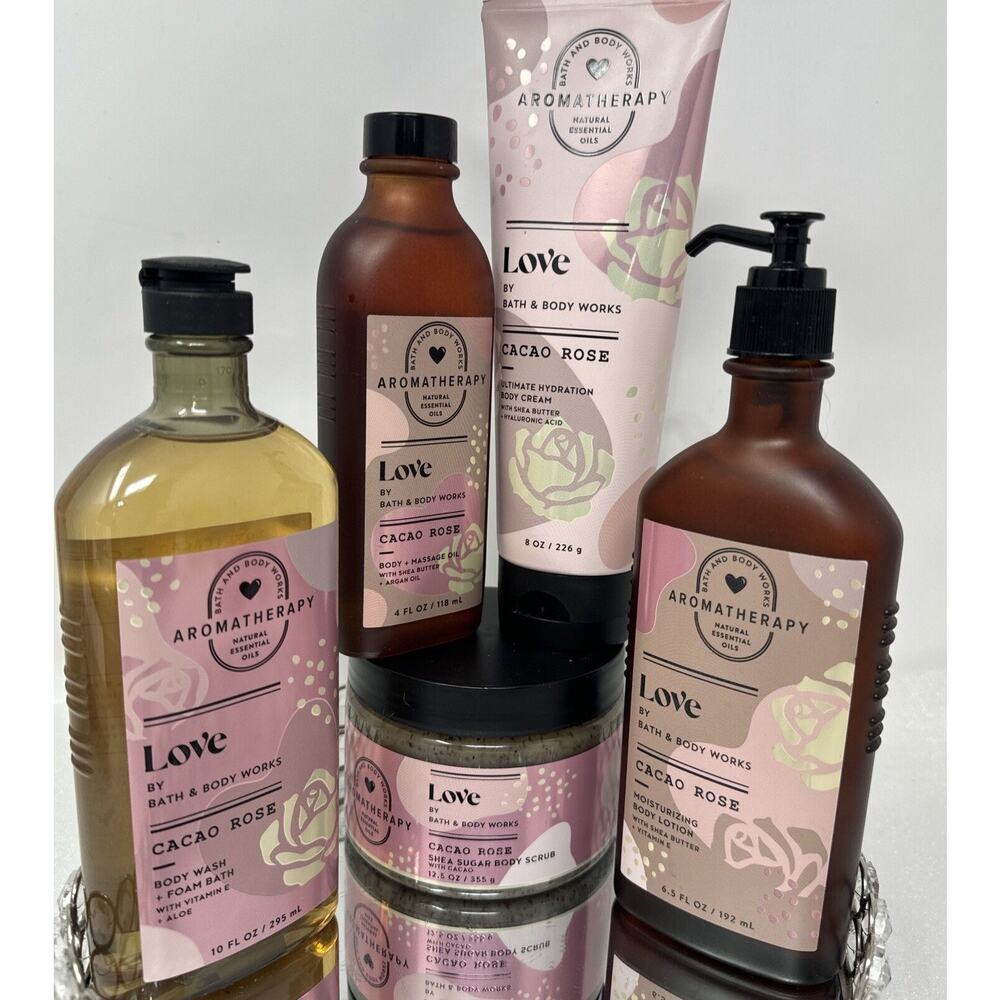 5 Pc Bundle BB&W Aromatherapy Love~Cacao Rose~Body Scrub, Lotion, Cream,Gel, Oil - Picture 2 of 13